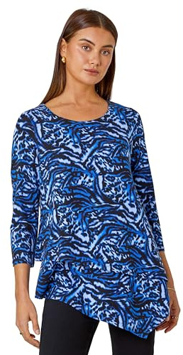 Roman Originals Women Hanky Hem Tunic Ladies Top Asymmetric Hemline Blouse Double Layer Mesh Overlay Jersey Stretchy Summer Spring Flattering 3/4 Sleeve Smart Casual Work