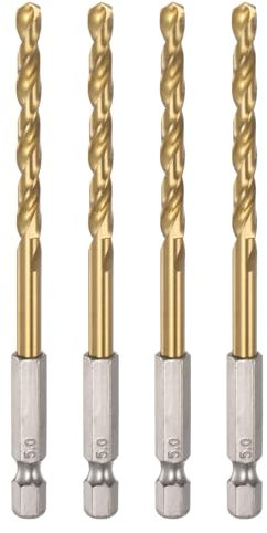sourcing map 4pcs 1/4 Hex Shank Drill Bits 5mm Titanium Drill Bits Set M35 High Speed Steel Twist Drill Bit 105mm Long Fully Ground for Wood, Stainless Steel, Metal, Plastic Plastic