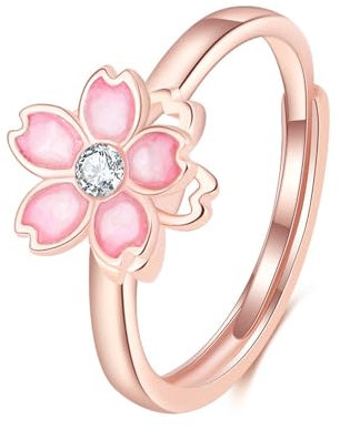 Belons Anello da donna in argento sterling 925, con zirconi e fiori di ciliegio Sakura, cinturino regolabile, per ragazze e donne, Argento sterling argento sterling zirconi, Zirconia cubica