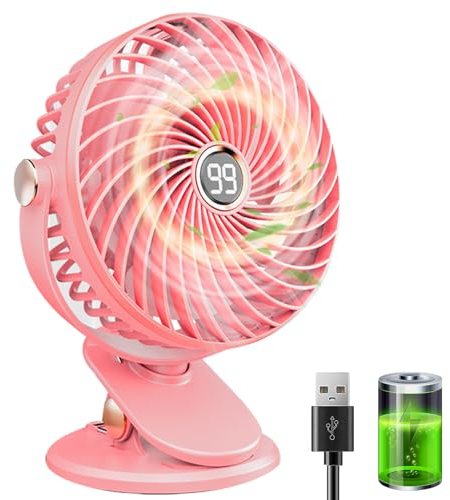 Ventilador de Mesa, Ventilador USB Silencioso con Pinza, 6000mAh Portatil Mini Ventilador Pequeño, Pantalla LED, 5 Velocidades 720° Rotation, Ventilador Sobremesa para Oficina Hogar Camping