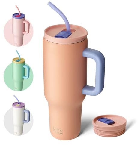 bottlebottle BOTTLE BOTTLE Tasse isotherme 1200 ml, Mug avec paille et poignée, Tasse avec paille sous vide en acier inoxydable pour cadeaux, fêtes, bureau, Café (Pêche)