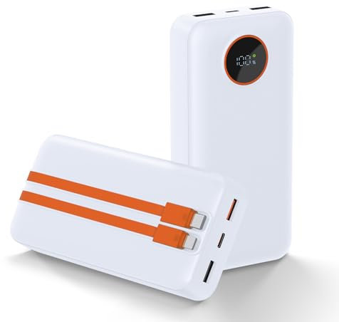 Power Bank, 20000mAh Portable Battery Pack with Built in 2 Output Cables,PD 22.5W Fast Charging USB C LED Display Phone Charger for iPhone 16/15/14/13 Samsung Galaxy iPad Android And More (White)