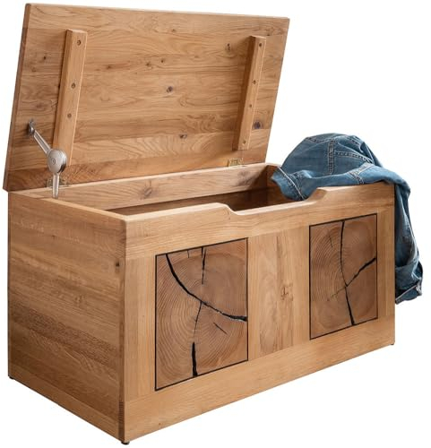 Lomadox Sitztruhe Massivholz Sitzbank Wäschetruhe Sitztruhe Betttruhe B/H/T ca. 80/40/40 cm modern in Eiche geölt mit Hirnholz