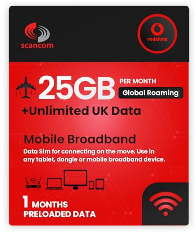 Vodafone 25GB Global Roaming Data Sim - 25GB Roaming Data in Europe & USA + Unlimited UK Data - Perfect for unlocked Phones and Wifi Routers - Activate when you receive the SIM (1 Month)
