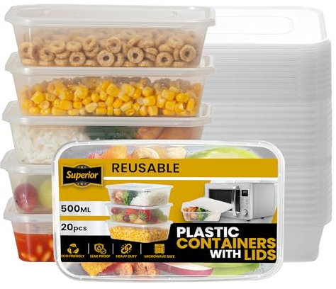Superior Takeaway Containers with Lids – 20 Pcs Durable 500ml Crack-Resistant Rectangular Food Containers with Lids -Microwave Safe Leak-Proof Takeaway Containers- Perfect for Meal Prep & Food Storage