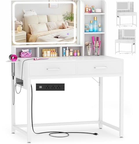 Small Vanity Desk, Vanity Desk with Mirror and Lights, Makeup Vanity Desks with Power Strip, Vanity Table with Drawers and Shelves, Adjustable Lighting, Dressing Table for Bedroom Dressing Room, White