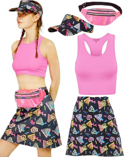 kasahara 80er 90er Jahre Kostüm Damen Retro Trainingsanzug Workout Sport Outfit Skirt, Crop Top, Gürteltasche, Sonnenblenden Hut Karneval Faschingskostüm (RoseRed, L)