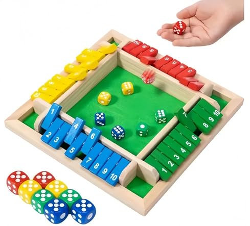 Shut The Box Würfelspiel aus Holz, 23 x 23 x 4 cm, für 4 Spieler, Mehrfarbig mit Zahlenleisten