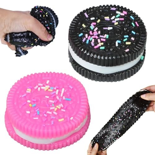 2 Pcs Taba Squishy, Biscuit Stress Relief Toy for Oreo, Effective Anxiety Relief Fufu Squishy, Super Soft Squeeze Toys, Pinching Biscuit Simulation Toy for Kids Adults Decompression, Black + Pink