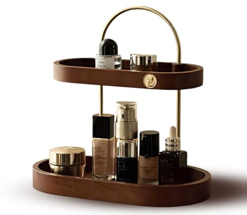 Organizer in Legno Make Up, Aprire, Legna, Organizer Bagno a 2 Livelli Legno, Stile Vassoio, Cosmetici Legno Vintage, Porta Trucchi Creme Profumi, Adatto per Camera da Letto, Bagno, Cucina