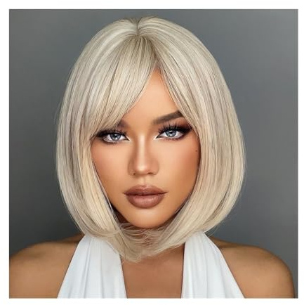 Perücke, Weißblonde graue synthetische Perücken mit Pony, kurze, glatte Bob-Haarperücke for Frauen, Cosplay, tägliches Haar, hitzebeständig