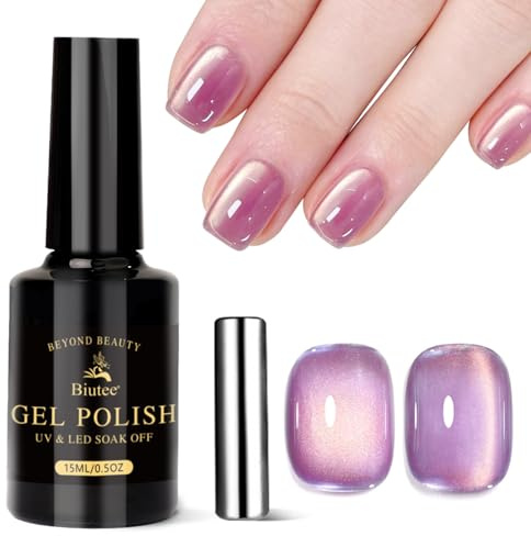 Biutee UV Nagellack Cat Eye Magnetisch Glitzer Jelly 15ml Lila Gold | Magnetischer Cat Eye Gel-Lack mit Glitzereffekt. Für UV/LED Lampen, Soak Off und kreative Nail Art zu Hause.