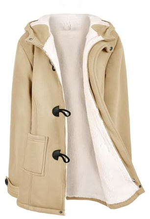 Nadeer Damen Mantel Fleece Plüschjacke mit Kapuze und Hornknopf | Warme Gefütterte Wollmäntel, Winddicht, Doppelte Taschen, mit Reißverschluss, Mittellang, für Herbst Winter