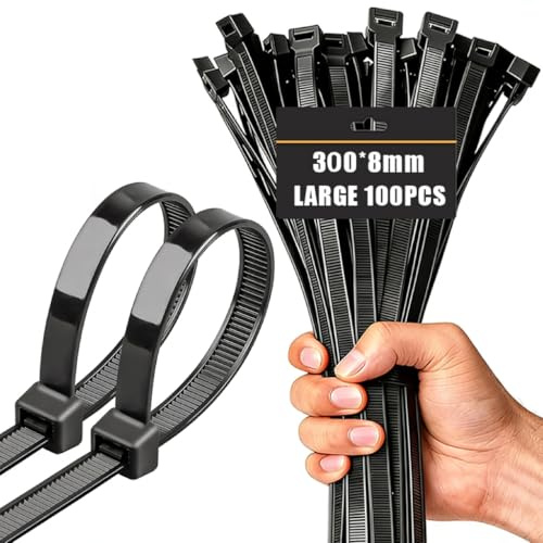 Caiery 100 Stück Große lange Kabelbinder 300 mm x 8 mm, UV-Beständig ultra starke Kabelbinder mit 80 kg Zugfestigkeit, Schwarz