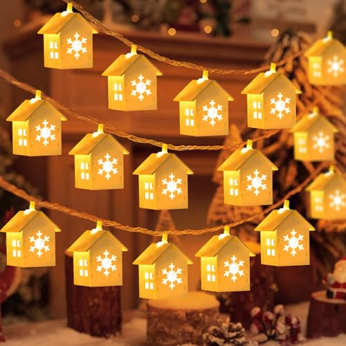 DZAY Weihnachtsdeko Innen Lichterketten mit 10 Kleine Holzhäuser Feen Lichter,Weihnachtsbeleuchtung Innen Häuser String Lights,Weihnachten Deko LED String Lichter für Schlafzimmer Dekor (Weiß)