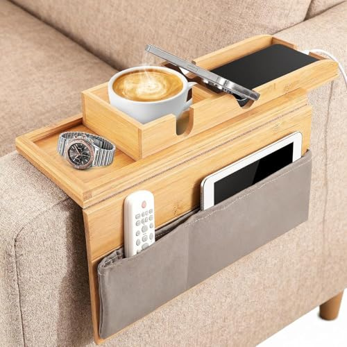 Bamboo Couch Armrest Table, Adjustable Wooden Sofa Arm Tray, 4 in 1 Anti-Slip Armchair Tray, Couch Armrest Tray Space-Saving Design. Wooden Couch Arm Tray with Cup Holder for Drinks, Snacks, Phone