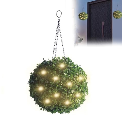 NPLSEO Solar Topiary Balls with LED Lights, Artificial Boxwood Hanging Balls, UV Resistant Faux Greenery with Warm White LEDs, Auto On/Off Outdoor Decor for Garden, Patio, Wedding (24cm)
