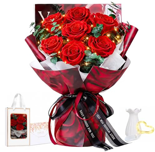 Konservierter Blumenstrauß mit Vase, Infinity Konservierte Echt Flower, Rosestrauß in Geschenkbox, Valentinstag Geschenke für sie, Geschenke für, Frauen, Mädchen, Freundin, Muttertag (Rot)