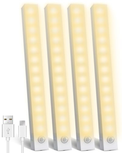 KALAHOL Under Cabinet Kitchen Lights 4 Pack, 4 Modes, USB Motion Sensor Cupboard Light, USB Type-C, Stepless Dimming, with Magnetic Sticker, for Kitchen Wardrobe Bedroom Stairs (20CM, Warm White)