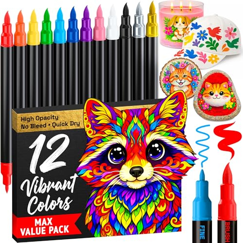 ARTISTRO 12 Acrylic Paint Pens Dual-Tip Brush+Fine for Fabric, Rock & Glass | Water-Based, Quick-Dry & Low-Odour Art Supplies for All Surfaces, Craft Gift for Adults, Teens & Kids, Classroom Must-Haves