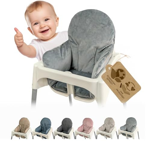 Sitzbezug für Ikea Antilop Hochstuhl, Dunkelgrau Velour | Sitzverkleinerer, Kissen, extra weich, waschbar, langlebig