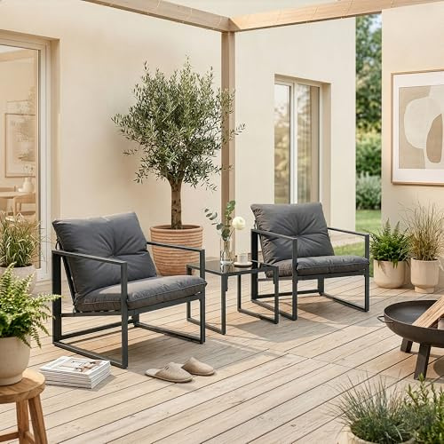 casa.pro Gartenmöbel Set Karg Balkonmöbel 3-teilig Garnitur Outdoor Lounge Tisch mit 2 x Sessel wetterfest Couchtisch mit Glasplatte Gartenstühle Metall Dunkelgrau