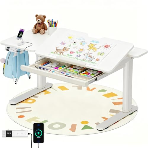 Devoko Kinderschreibtisch Höhenverstellbar, Schreibtisch Kinder 120 x 60 cm | Elektrisch Schreibtisch mit neigbarer Tischplatte & Schubladen, 3 Speicherplätzen, Schreibtisch Kinder ab 6 Jahren, Weiß