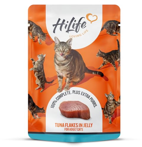 HiLife Adult Wet Cat Food, Tuna Flakes in Jelly, Complete Cat Food Pouches, 100% Natural & Grain Free (18 x 70g Pouches)