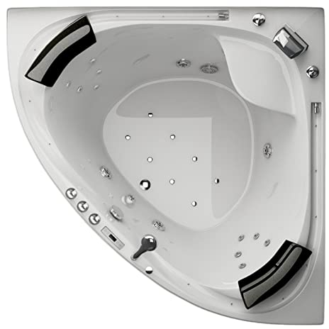 Jet-Line® Whirlpool | Villa Sabrina Weiss 1.6 x 1.6 m XXL | Neu mit umlaufendem Wasserfall | Vollaustattung Eckbadewanne | Pool Eck Badewanne | Whirlwanne | Ozon Heizung LED