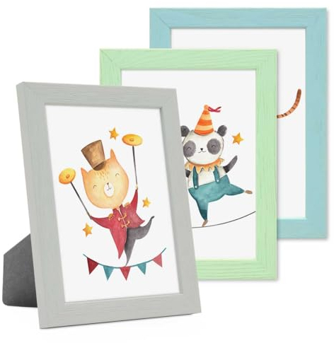 PHOTOLINI Bilderrahmen Kinderzimmer 13x18 cm Grün Blau Grau, 3er Set Wechselrahmen farbig, Holz, Acrylglas, Made in Germany, zum Aufstellen & Aufhängen, mit Zubehör - für bunte Kinderbilder