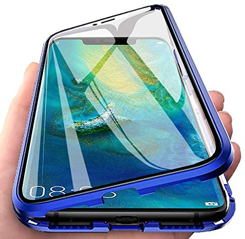 Hkess Kompatibel für Huawei P20 Hülle Magnetische Adsorption Metallrahmen Handyhülle Ultradünn 360 Grad Komplett Schutzhülle Cover Transparente Vorne und Hinten Vollbild Gehärtetes Glas Case,Blue