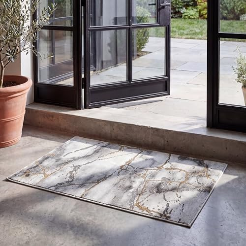 SAFAVIEH Zeitgenössische Teppich für Wohnzimmer, Esszimmer, Schlafzimmer - Craft Collection, Kurzer Flor, Grau und Gold, 69 x 122 cm