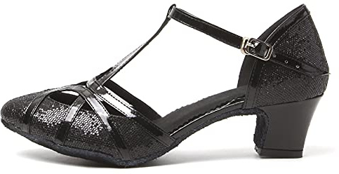 HROYL Women T-Strap Glitter Latin Dance Shoes Low Heel Salsa Tango Ballroom Latin Party Wedding Dancing Shoes,511-Black-4.5,3.5 UK