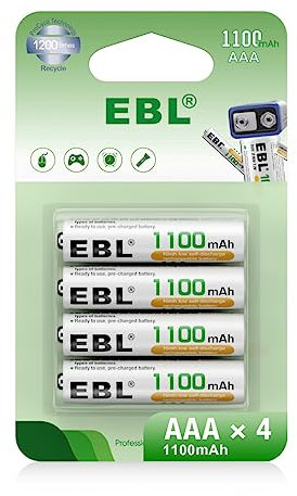 EBL 1.2V AAA Batterie Ricaricabili Durature, Pile Ricaricabili da 1100mAh Ni-MH con 1200 Tech, Confezione da 4 pezzi