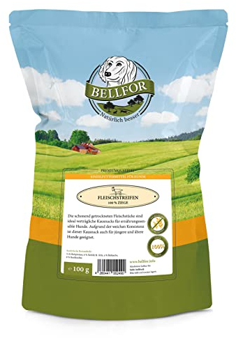 Bellfor Fleischstreifen Ziege Natürlicher Hundesnack - 100 g. Hochwertiger Kausnack für Hunde aus Ziegenfleisch – getreidefrei & ohne Zusätze. Bekömmlicher Kausnack für Welpen, Senioren Hunde.
