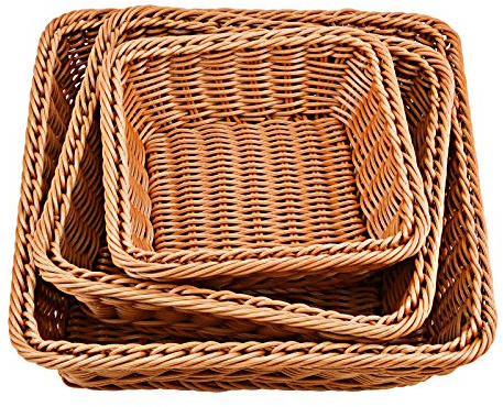 WANDIC 3 Pack Poly-Wicker Woven Baskets,Stackable Imitation Vine Bread Baskets Square Wicker Tray for Food Display Vegetables Home Kitchen Restaurant Outdoor(Brown/3 Sizes)