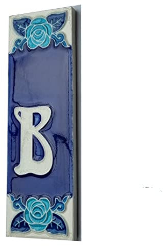 Numeri civici fosforescenti dipinti a mano in ceramica italiana numero e lettere piastrelle, Rose Design, piastrelle Dimensioni: 15cm x 5cm (Lettera B)