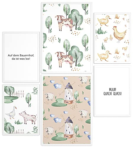 Papierschmiede® Bilder Kinderzimmer Kids Mood Poster Set Bauernhof, Gerahmte Bilder fürs Kinderzimmer in weißen Holzrahmen, 2x DIN A4 und 4X DIN A5, Kuh Huhn Schwein Farm