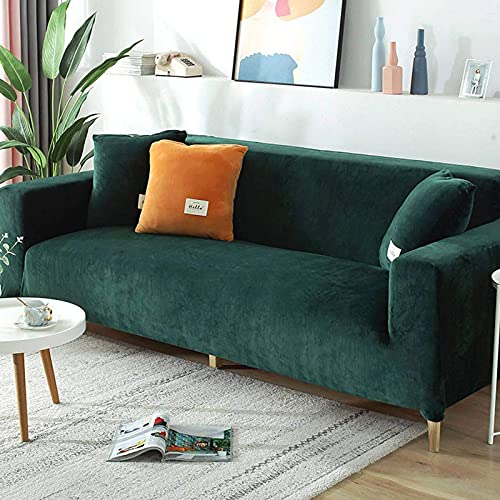 Samt-Sofabezug für 2-, 3-, 4-Sitzer, weicher Plüsch-Sofaschutz, Stretchbezug für Sofa und Armlehnen, wasserabweisend, Möbelschutz, Dunkelgrün, 2-Sitzer, 140-170 cm