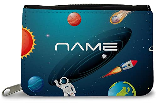 GRAVURZEILE Bedruckte Geldbörse - Weltall Design - Personalisiert mit Name - Geschenk für Kinder & Teenager für Taschengeld Fahrkarte - für Jungen Mädchen Schüler zum Geburtstag Einschulung