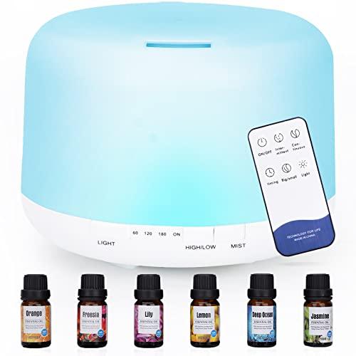 500ML Aroma Diffuser für Ätherische Öle,BPA-frei Aromatherapie Diffuser mit Fernbedienung und 6 * 10ml Ätherische Öle Ultraschall Luftbefeuchter,7 Farben LED-Licht,Wasserlose Abschaltautomatik,Weiß