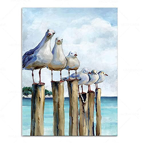 GEMMII Mouette Mur Art Blanc Bleu Peinture Impressions Sur Toile Oiseaux Plage Thème Calmant Animal Côtier Image Enfants Chambre Bureau Décor 42x60cm Sans Cadre