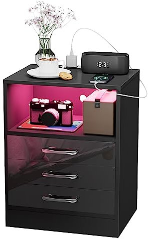 Rcynview Comodini Camera da Letto Con Stazione di Ricarica, Comodino Nero16 Colori LED Regolabile, Presa e Porta USB, 3 Cassetti e 1 Vano a Giorno, Credenza Soggiorno Moderno, 60x45x35cm