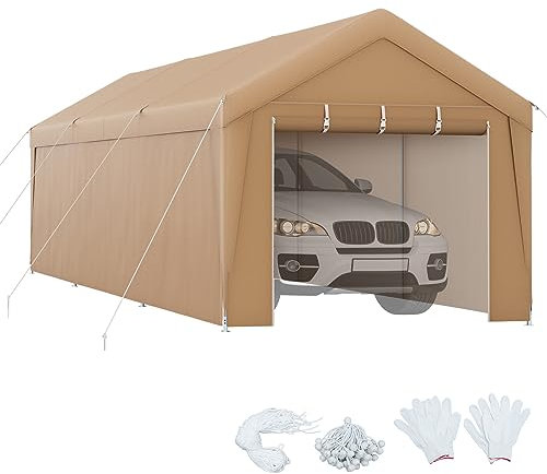 COSTWAY Abri de Voiture 301 x 600 cm Cadre en Métal Galvanisé, Tente de Garage Portable avec Paroi Latérale Amovible Porte Zippée Enroulable Bâche Toutes Saisons, pour Camions Bateaux (Jaune)