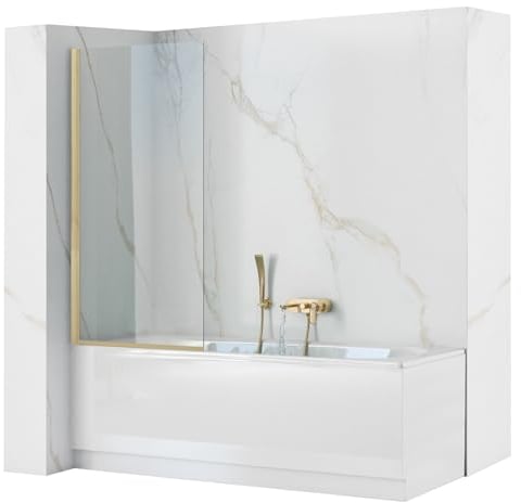 Rea Pare-baignoire Elegant Gold Brush 80 x 140 cm écran paroi de baignoire sur le mur, verre de sécurité 5 mm (Finition des profils: Or brosse)