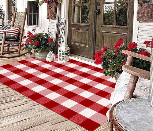Weihnachtliche Outdoor-Teppiche, 91 x 150 cm, rot-weiß, Büffelkariert, für Veranda, Veranda, handgewebt, maschinenwaschbar, für Innen- und Außenbereich, mehrlagig, für Eingang/Schlafzimmer