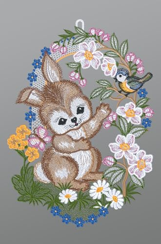 Plauener Spitze Fensterbild Kleiner Hase mit Vögelchen (Bx H) 22cm * 32cm Mehrfarbig Fensterdekoration Fensterschmuck