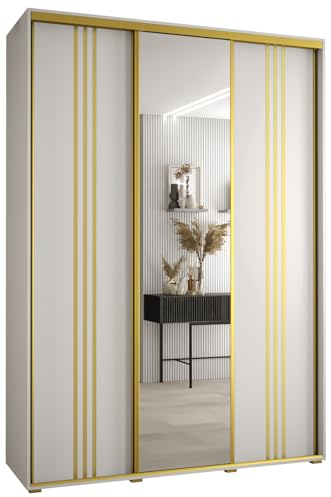MEBLE KRYSPOL Davos 7 170 Schlafzimmerschrank mit DREI Schiebetüren - Moderner Aufbewahrungsschrank mit Spiegel, Kleiderstange und Regalen - 235,2x170x45 cm - Weiß Weiß Gold