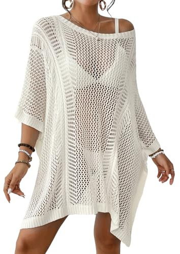Bsubseach Strand Cover Up Sexy Ausgehäkeltes Cover Up Gestrickte Strand-Outfits mit Fledermausärmeln Weiß