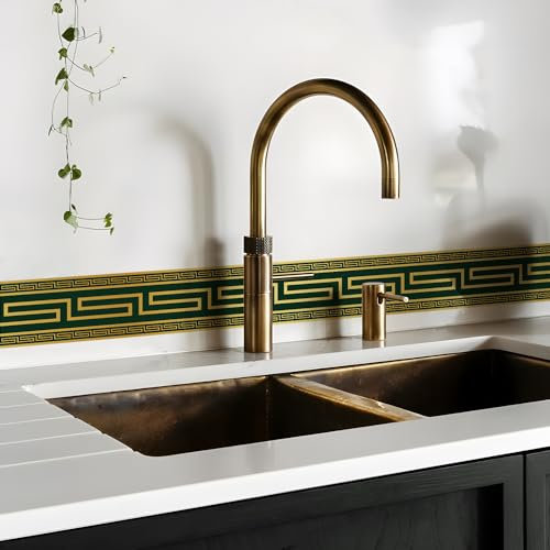 funlife 4M Green Gold Greek Key Pattern Wallpaper Border Peel and Stick, Vintage Decorative Wall Borders Trim Molding Peel and Stick Bedroom Living Room Home Decor, PVC Greca